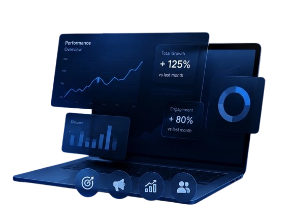 Laptop showing digital growth analytics dashboards